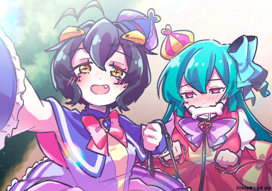 2girls animal_hands aqua_hair black_hair blue_bow blush bow brooch cosplay crown cure_friendy cure_friendy_(cosplay) cure_wonderful cure_wonderful_(cosplay) dress heart heart_brooch hiiragi_utena holding holding_leash horns jewelry leash long_hair looking_at_viewer magia_azure magia_baiser mahou_shoujo_ni_akogarete minakami_sayo multiple_girls open_mouth pink_bow pink_crown pink_dress pink_eyes poma123poma puffy_short_sleeves puffy_sleeves purple_bow purple_dress short_sleeves star_(symbol) wrist_cuffs yellow_eyes