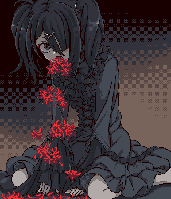 1girl ame-chan_(needy_girl_overdose) black_dress black_eyes black_hair constricted_pupils coughing_flowers dress eencya flower frilled_dress frills hair_ornament hair_over_one_eye long_hair looking_at_viewer needy_girl_overdose official_alternate_costume official_art pixel_art red_flower sitting solo spider_lily twintails x_hair_ornament
