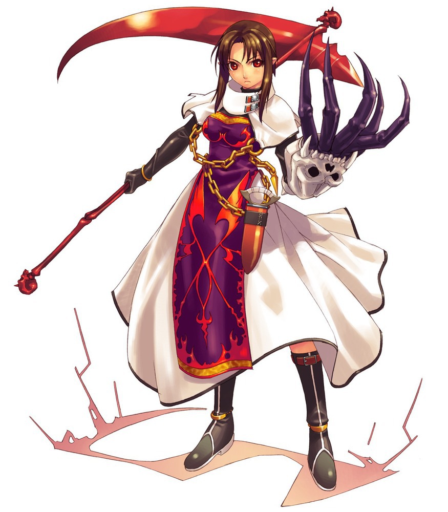 1girl armor armored_dress black_gloves boots brown_hair chain claws dress female_focus full_body gloves hirano_katsuyuki hiro_(spectral_force) holding_behind_back holding_polearm holding_polearm_behind_back holding_weapon holding_weapon_behind_back knee_boots official_art pointy_ears polearm red_eyes scythe serious shawl short_hair sidelocks solo spectral_(series) spectral_force spectral_souls spectral_vs_generation tabard white_background