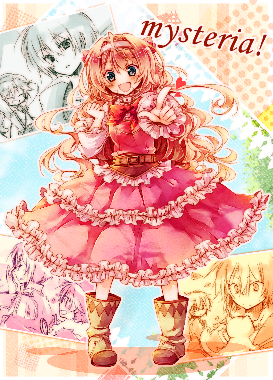 1girl amamiya_kabosu blonde_hair blue_eyes dress frilled_skirt frills hair_ornament hair_ribbon highres polka_dot polka_dot_background ribbon skirt smile striped_background