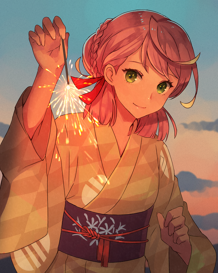 1girl akashi_(kancolle) akashi_(new_year)_(kancolle) akashi_(yukata)_(kancolle) braid checkered_clothes checkered_kimono cloud day fireworks gradient_sky green_eyes green_kimono hair_ribbon japanese_clothes kantai_collection kashi_(yukata)_(kancolle) kasumi_(skchkko) kimono leaning_forward long_hair looking_at_viewer official_alternate_costume outdoors pink_hair ribbon sky solo sparkler sunset tress_ribbon upper_body yukata