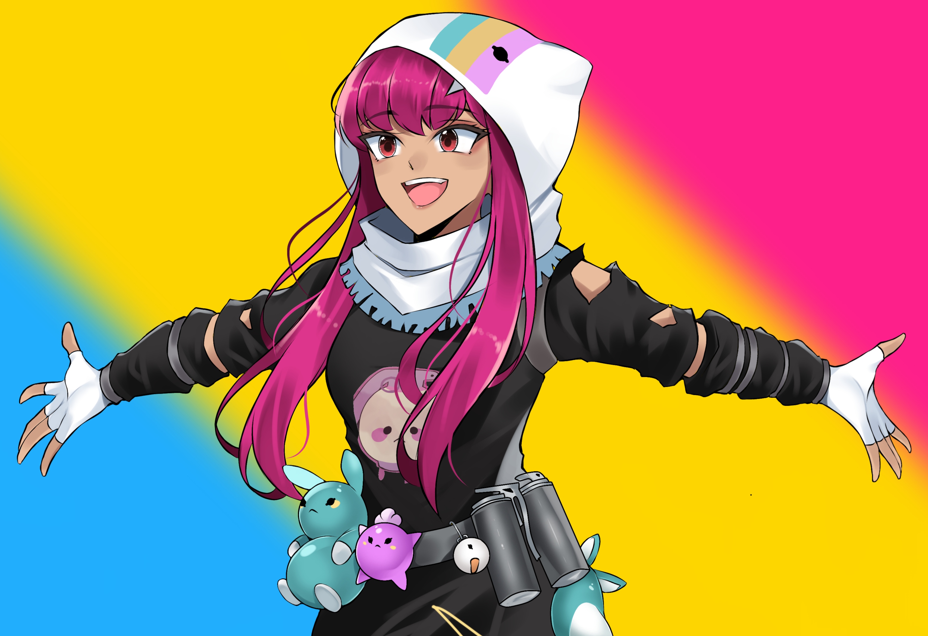 1girl blunt_bangs ehebai explosive fortnite gloves glumbunny_(fortnite) grenade gypsy hair_between_eyes highres hood hoodie long_hair pink_hair red_eyes romanian_flag simple_background solo stuffed_animal stuffed_rabbit stuffed_toy tagme torn_clothes