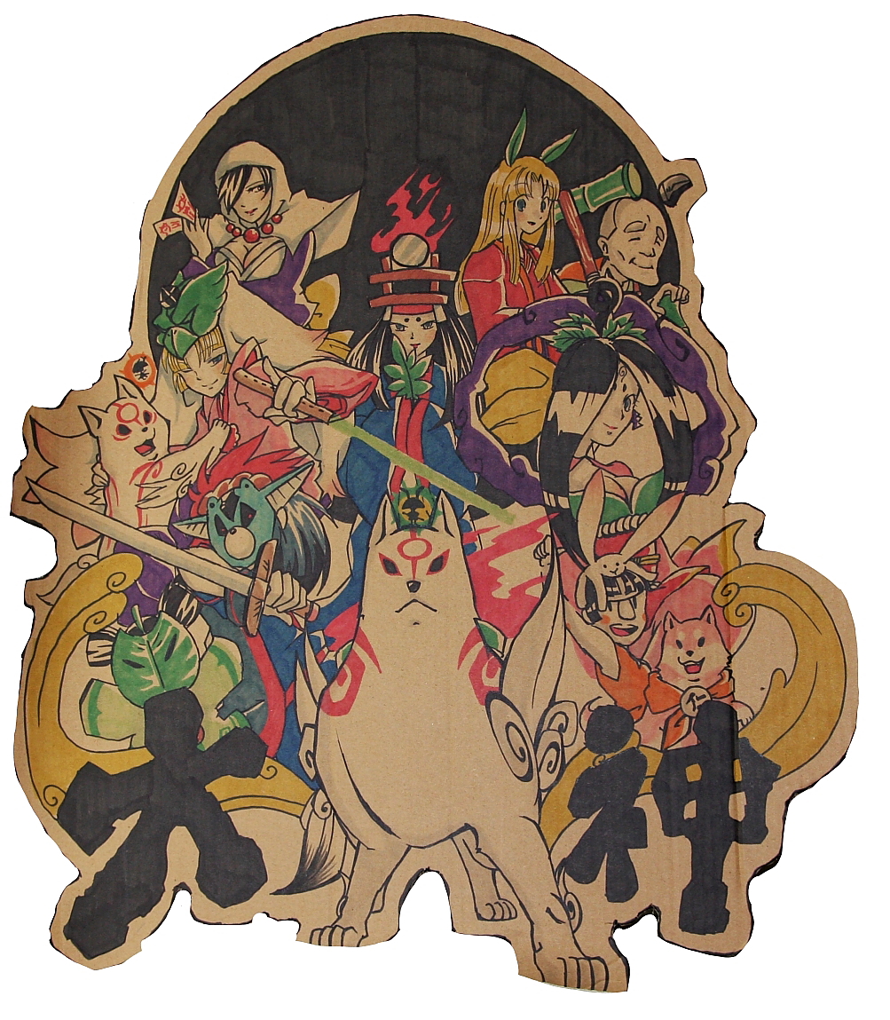 3boys 4girls amaterasu_(ookami) antennae aura bad_id bad_pixiv_id bamboo beads black_hair blonde_hair blue_eyes blue_hair bow breasts rabbit capcom chibiterasu cleavage dog energy_sword fire flute hat hood instrument issun jewelry kaguya kaguya_(ookami) kokari leaf lika long_hair mackerel_(artist) mackerel_(sabanoneko) mask medium_breasts mirror mole multiple_boys multiple_girls necklace ofuda okikurumi_(ookami) ookami_(game) ookamiden princess_fuse rao sakuya_(ookami) shawl smile sword tattoo tokin_hat traditional_media tsuzurao umetarou_(ookami) ushiwakamaru_(ookami) weapon wings wolf