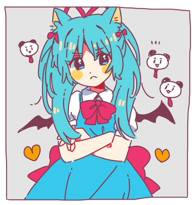 1girl animal_ears anusay bad_id bad_twitter_id bat_wings blue_dress blue_eyes blue_hair blush cat_ears conchelle_monyanism crossed_arms dress eyelashes frown hair_ribbon heart necktie pon_groom puffy_short_sleeves puffy_sleeves ribbon short_sleeves simple_background solo towelket_wo_mou_ichido twintails v-shaped_eyebrows wings