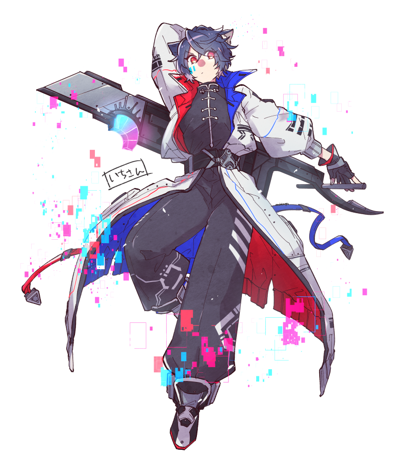 1boy :/ ankle_boots arm_behind_head belt black_belt black_boots black_gloves black_jacket black_pants blue_coat blue_hair boots boxcutter chinese_clothes coat dark_blue_hair facial_mark fingerless_gloves glitch gloves jacket looking_at_viewer male_focus masaki_(star8moon) multicolored_coat original outstretched_arm pants puffy_pants red_coat red_eyes science_fiction short_hair simple_background solo swept_bangs tangzhuang two-sided_coat two-sided_fabric v-shaped_eyebrows weapon white_background white_coat
