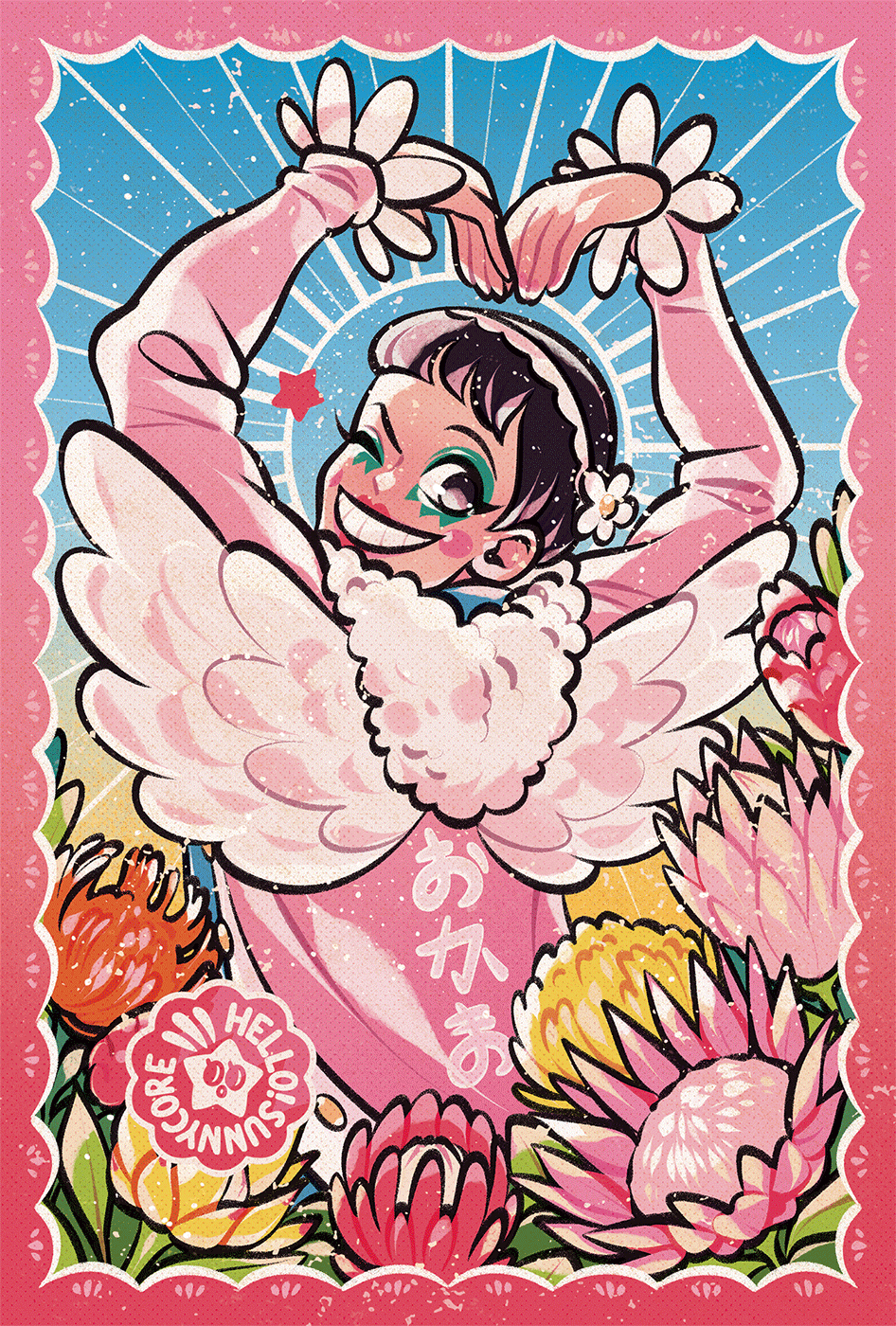 1boy ;d arms_up black_hair bon_clay border coat commentary english_commentary fake_wings flower hellosunnycore highres long_sleeves looking_back makeup male_focus one_eye_closed one_piece open_mouth pink_border pink_coat short_hair smile solo star_(symbol) watermark wings