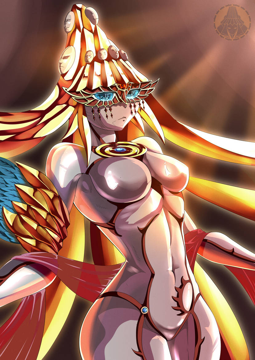 1girl absurdly_long_hair android angel bayonetta_(series) bayonetta_1 blue_eyes breasts divine_being divine_entity giant giantess jubileus_(bayonetta) long_hair mask mature_female non-web_source rinkamearii very_long_hair