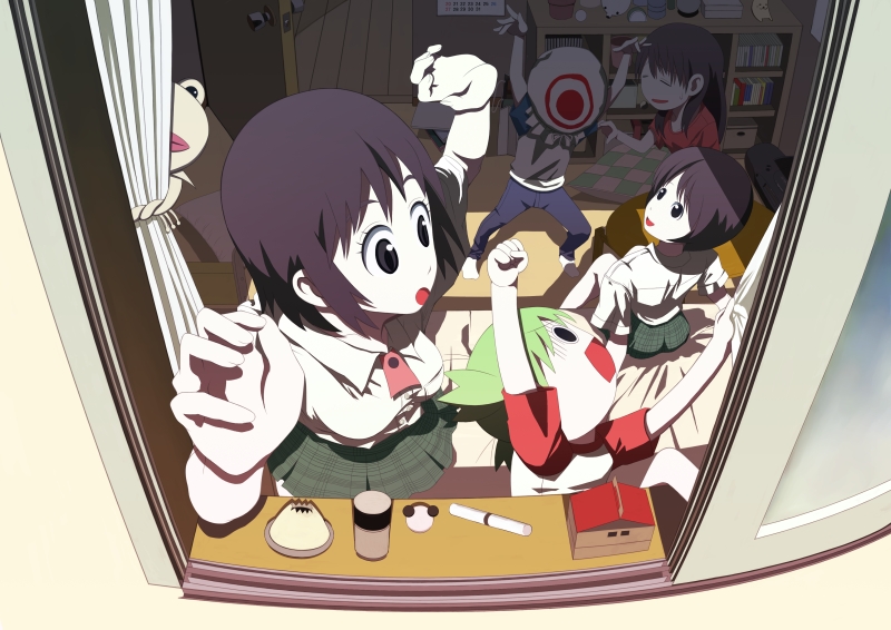 5girls ayase_ena ayase_fuuka bedroom breasts child flat_chest hayasaka_miura hiwatari indoors koiwai_yotsuba long_hair multiple_girls open_mouth raglan_sleeves scared school_uniform serafuku shimau short_hair small_breasts smile tsukumo_(soar99) window yotsubato!