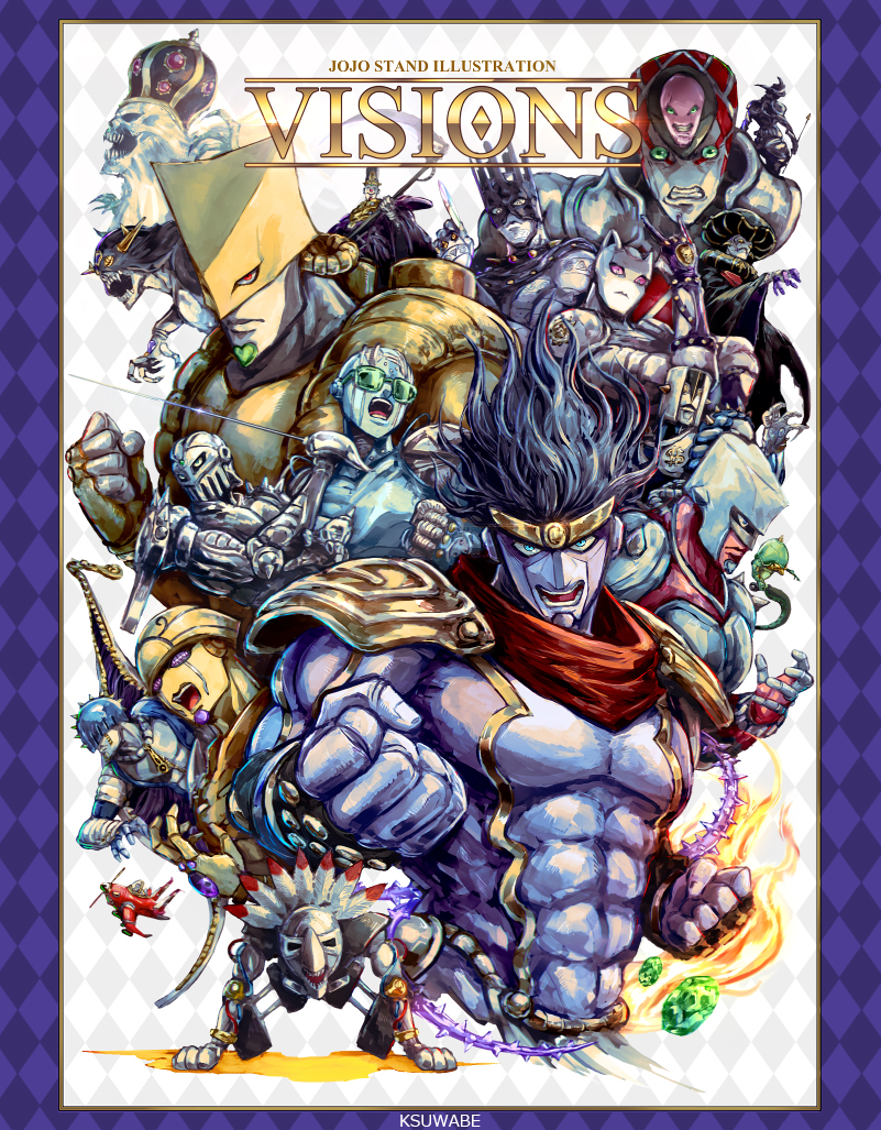 aerosmith_(stand) argyle arrow_(jojo) black_sabbath_(stand) chariot_requiem clenched_hand clenched_teeth closed_mouth cream_(stand) death_13 diamond_wa_kudakenai echoes_(stand) echoes_act2 fire gold_experience hermit_purple jojo_no_kimyou_na_bouken justice_(stand) k-suwabe killer_queen king_crimson_(stand) looking_at_viewer no_humans open_mouth rapier silver_chariot stand_(jojo) star_platinum stardust_crusaders sticky_fingers_(stand) stone_free stone_ocean sword teeth the_fool_(stand) the_hand_(stand) the_world vento_aureo weapon whitesnake_(stand) zipper