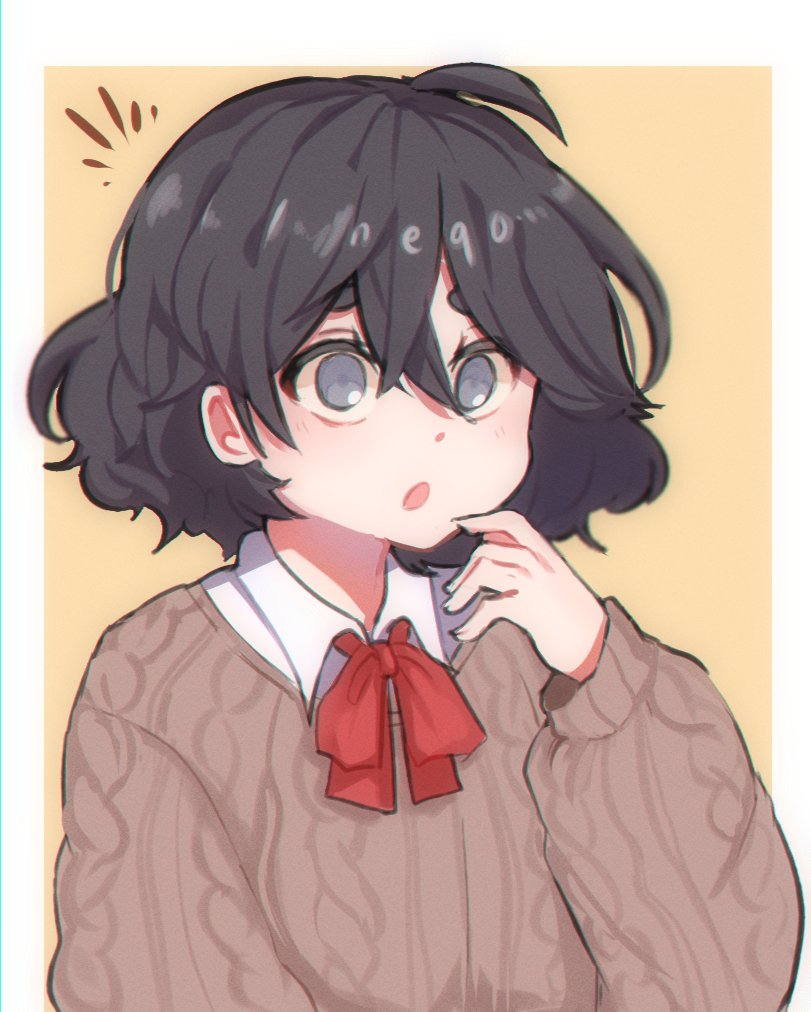 1girl :o aran_sweater artist_name black_hair sophie_(popopoka) borrowed_character cable_knit grey_eyes hair_between_eyes hand_to_own_mouth long_sleeves looking_at_viewer medium_hair neqo_(neneneqo) open_mouth original simple_background solo sweater upper_body wing_collar yellow_background