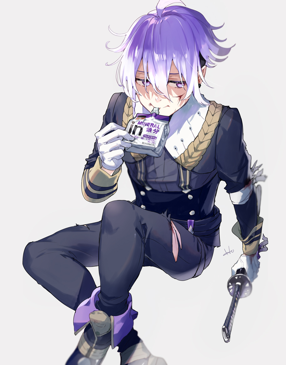 1boy black_boots black_jacket black_pants blood blood_on_face boots drinking_straw drinking_straw_in_mouth gloves grey_background holding holding_sword holding_weapon houhou_(black_lack) jacket male_focus minamoto_kiyomaro pants pointy_ears purple_eyes purple_hair short_hair sitting solo sword torn_clothes torn_pants touken_ranbu weapon white_gloves white_hair
