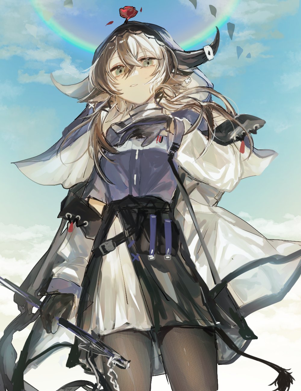 1girl animal_ears arknights black_gloves black_skirt blue_shirt brown_hair coat cow_ears cow_girl cow_horns flower flower_on_head fumi_(rdbm) gloves grey_eyes highres horns looking_at_viewer off-shoulder_coat off_shoulder pallas_(arknights) parted_lips rainbow red_flower shirt short_hair_with_long_locks skirt sky solo veil white_coat white_skirt