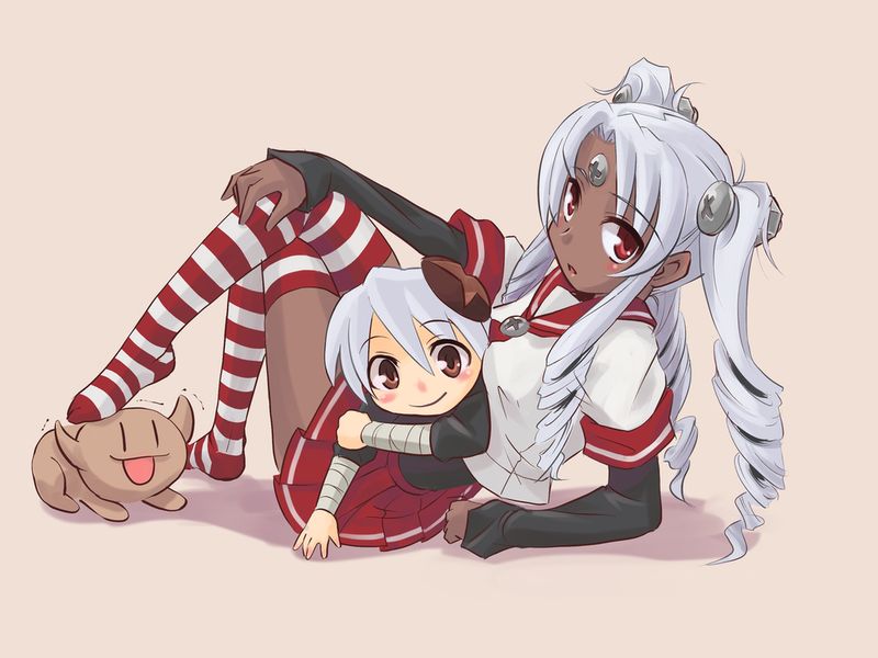 1girl child dark-skinned_female dark_skin drill_hair os-tan patterned_legwear red_&amp;_white red_eyes red_skirt red_thighhighs school_uniform silver_hair skirt striped_clothes striped_thighhighs thighhighs two-tone_stripes ugai_yuichi visbou vista-tan vistake