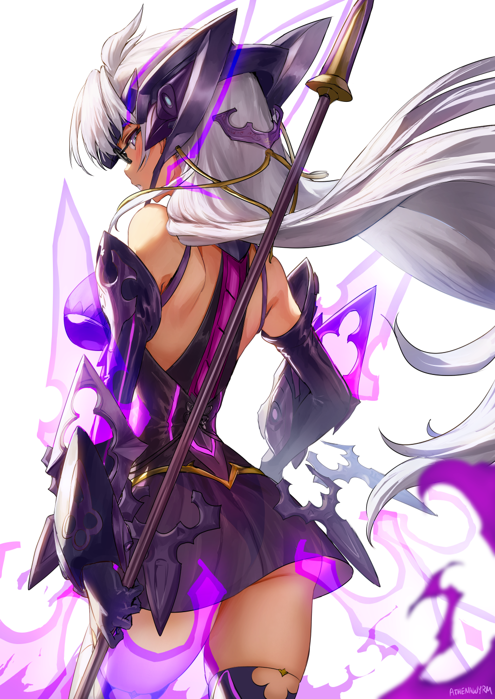 1girl athenawyrm breasts cyborg forehead_protector glasses highres lance large_breasts long_hair polearm silver_hair simple_background solo t-elos t-elos_re: weapon white_background xenoblade_chronicles_(series) xenoblade_chronicles_2 xenosaga