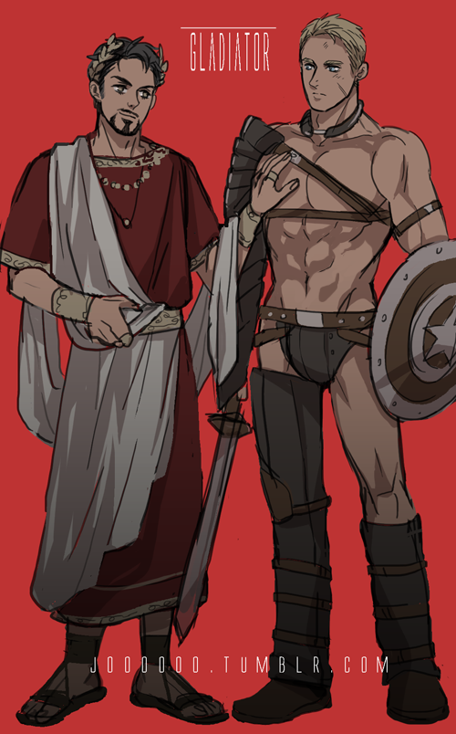 2boys abs alternate_costume alternate_universe ancient_greek_clothes armor artist_name avengers_(series) belt black_armor black_boots black_sandals blonde_hair blue_eyes boots bracelet brown_belt brown_eyes brown_hair closed_mouth english_text facial_hair full_body gold_bracelet gold_ring greco-roman_clothes himation holding holding_shield holding_sword holding_weapon jewelry jo_(artist) laurel_crown looking_at_another male_focus marvel multiple_boys muscular muscular_male necklace pectorals red_background sandals shield short_hair short_sleeves simple_background smile standing star_(symbol) steve_rogers sword toga tony_stark weapon yellow_belt