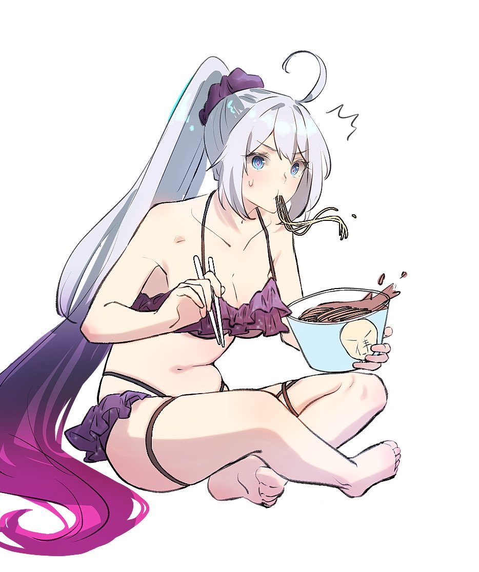1girl bare_arms bare_shoulders barefoot belly bikini blue_eyes chopsticks cowlick dmr_pic food frilled_bikini frills gradient_hair holding holding_chopsticks honkai_(series) honkai_impact_3rd kiana_kaslana kiana_kaslana_(herrscher_of_finality) kiana_kaslana_(summer_2023) long_hair looking_at_viewer multicolored_eyes multicolored_hair navel noodles purple_bikini simple_background slurping_(food) solo surprised swimsuit white_background white_hair