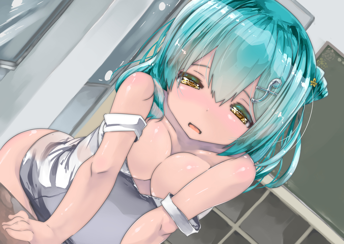 1girl :d battle_girl_high_school blue_hair breasts cleavage dutch_angle female_focus forte_(symbol) fortissimo hair_ornament hairclip indoors kokonyan_m_asagiri kunieda_shiho large_breasts looking_at_viewer musical_note musical_note_hair_ornament open_mouth shiny_skin short_hair smile solo strap_slip torogao upper_body yellow_eyes
