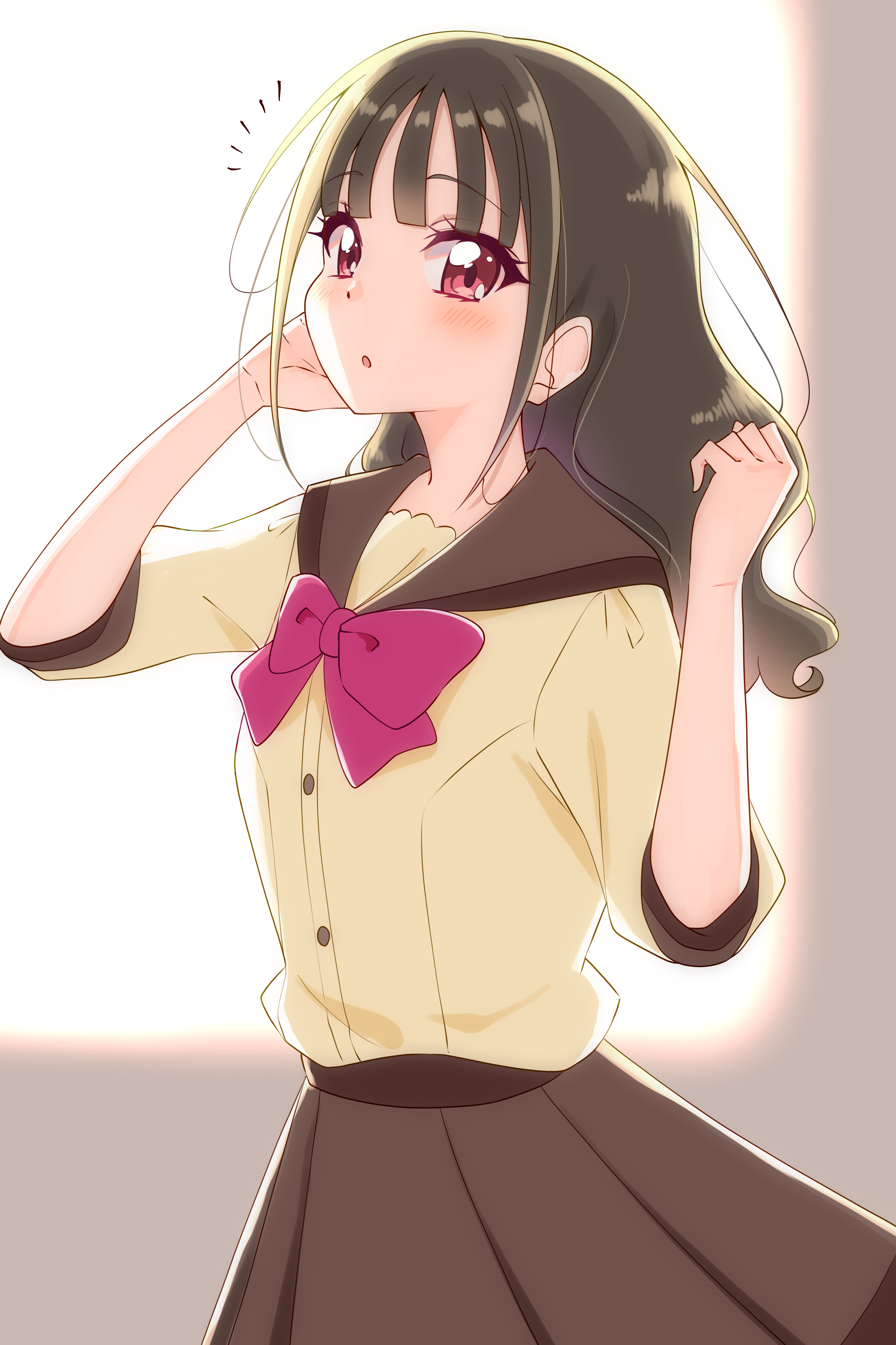1girl absurdres blush bow bowtie brown_hair brown_sailor_collar brown_skirt dress_shirt highres long_hair nekoyashiki_mayu open_mouth pink_bow pink_bowtie pleated_skirt precure red_eyes sailor_collar school_uniform second_wangan_school_uniform shirt skirt solo sugimura_mickey wonderful_precure! yellow_shirt
