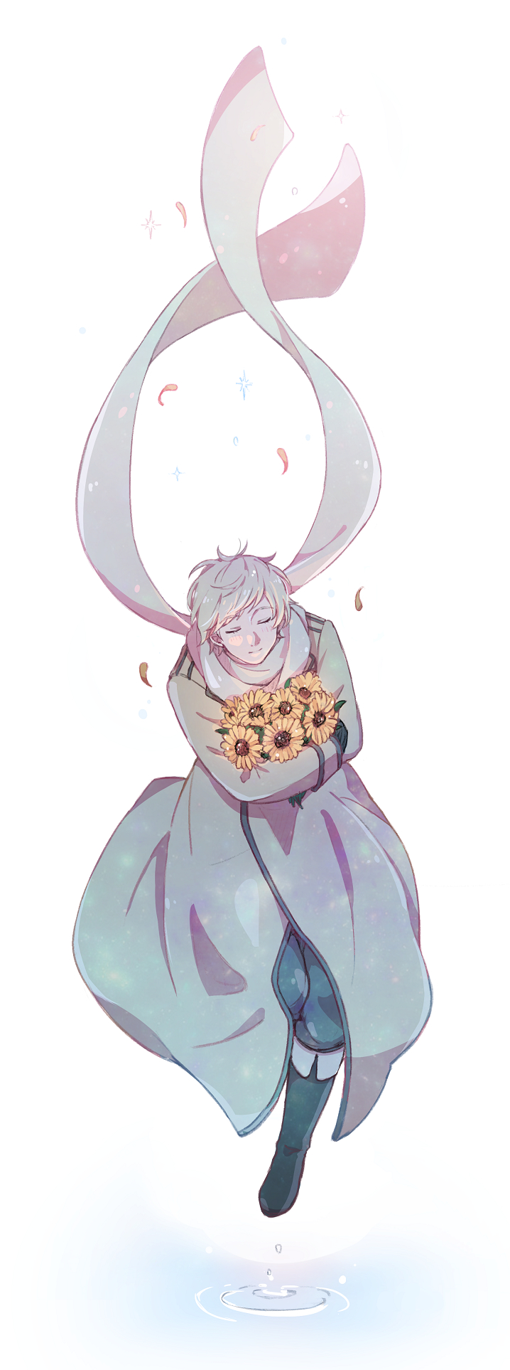 1boy axis_powers_hetalia black_boots black_gloves blonde_hair blue_pants blush boots bouquet closed_eyes closed_mouth coat commentary_request floating_clothes flower full_body gloves grey_coat highres holding holding_bouquet leaf long_sleeves male_focus nbsr pants petals russia_(hetalia) scarf short_hair simple_background smile solo star_(symbol) sunflower water water_drop white_background white_scarf yellow_flower