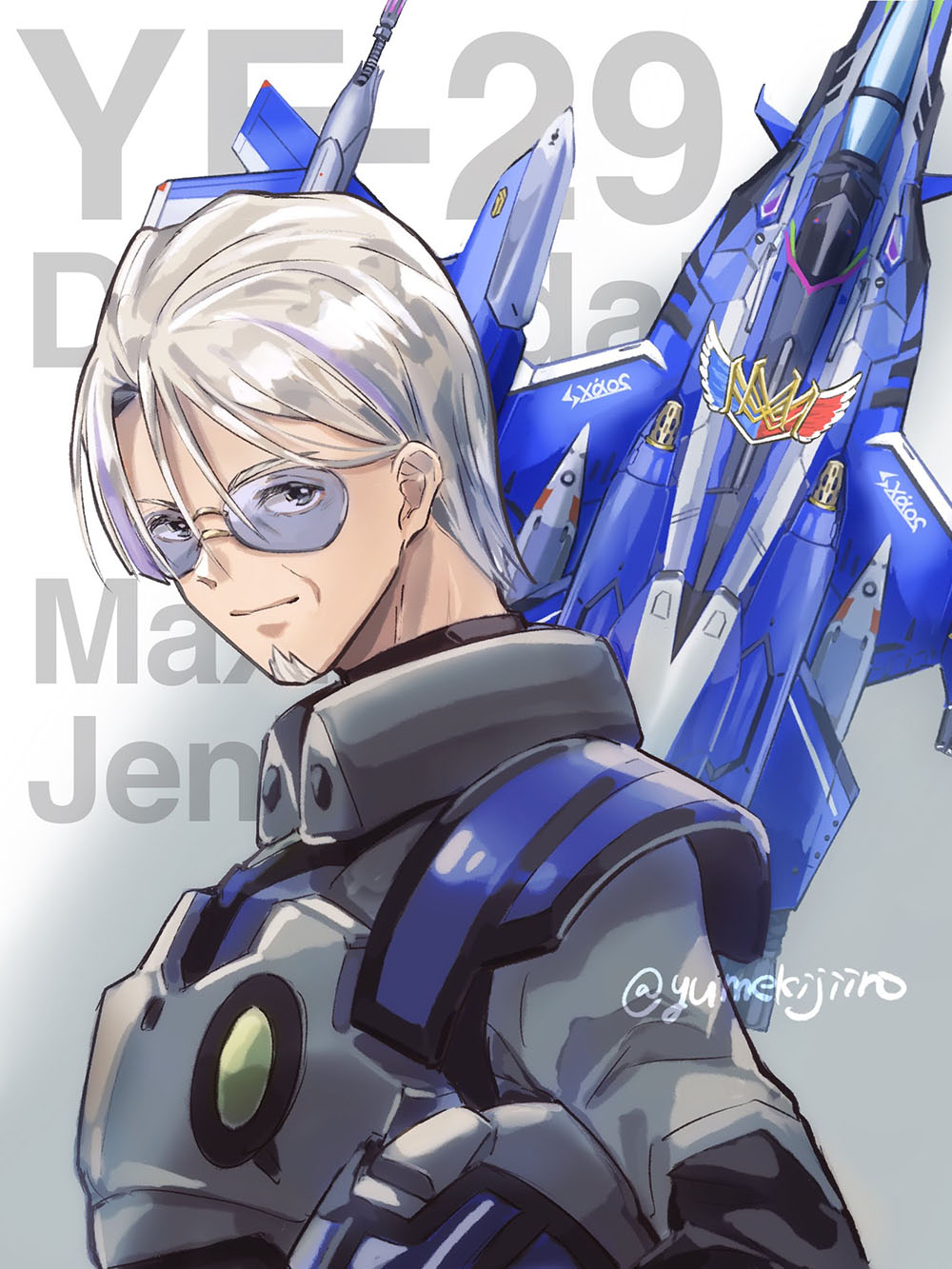 1boy aged_up beard canards character_name commentary_request facial_hair glasses goatee unworn_headwear helmet unworn_helmet highres macross macross_delta macross_frontier maximilian_jenius mecha old pilot_suit robot science_fiction signature spacesuit spoilers upper_body variable_fighter white_hair yf-29 yumekijiiro