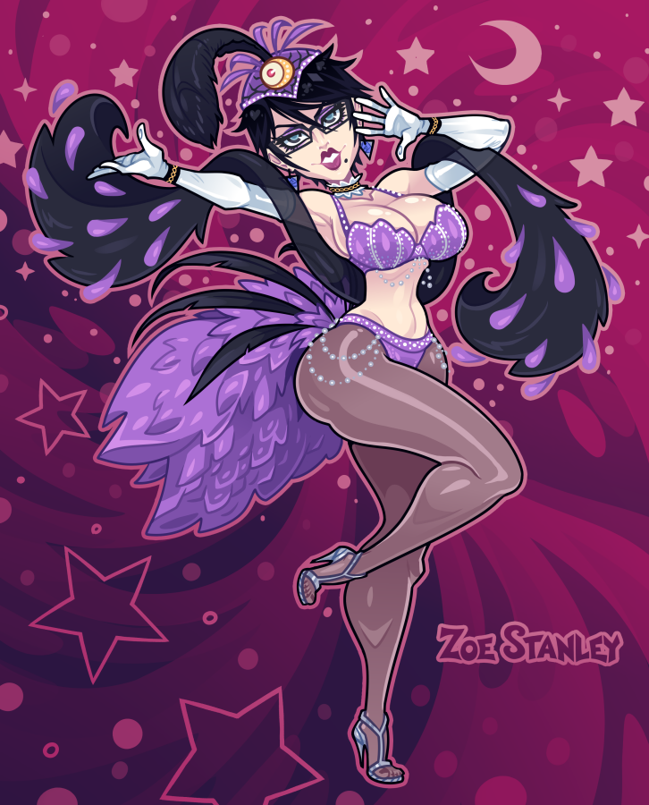 1girl bayonetta bayonetta_(series) bayonetta_2 bleedingpervert bra breasts chain_choker choker cleavage feathers glasses jewelry large_breasts las_vegas_showgirl lips makeup mole mole_under_mouth navel on_one_leg panties pantyhose purple_bra purple_lips purple_panties sega standing tagme thick_thighs thighs underwear