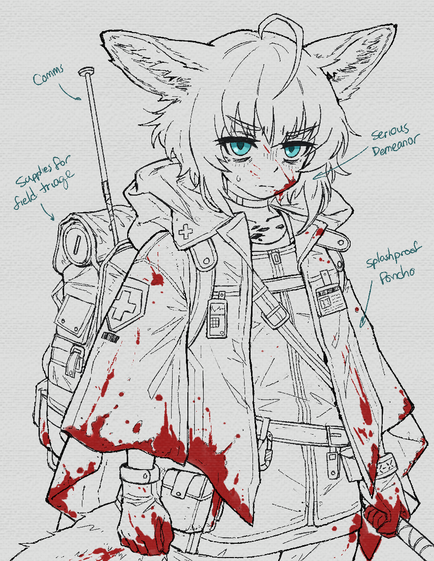 1girl animal_ears arknights backpack bag belt blood blood_on_clothes blood_on_face blood_on_gloves blood_on_hands blue_eyes cloak closed_mouth commentary cowboy_shot english_commentary english_text holding hood hooded_cloak id_card kunochai material_growth oripathy_lesion_(arknights) plus_sign poncho pouch radio_antenna skirt solo spot_color sussurro_(arknights)