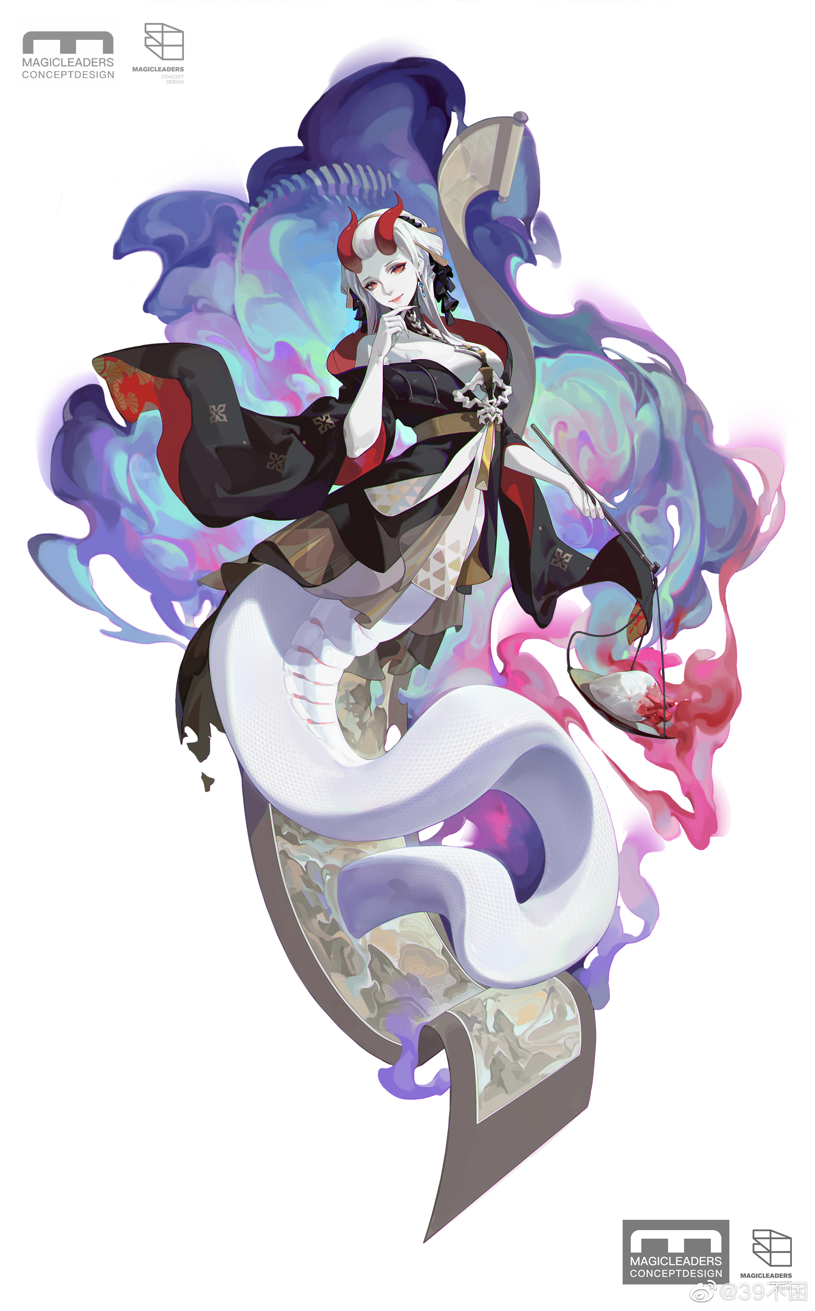 1girl 39_bukun absurdres black_kimono blue_gemstone breasts chinese_commentary closed_mouth colored_skin commentary_request concept_art earrings english_text fingernails full_body gem hair_ornament hairpin hand_on_own_chin hand_up heart highres holding horns japanese_clothes jewelry kimono lamia lips long_fingernails looking_at_viewer magicleaders medium_breasts medium_hair monster_girl red_eyes red_horns scroll simple_background smile smoke solo three-quarter_sleeves watermark weibo_watermark white_background white_hair white_skin wide_sleeves