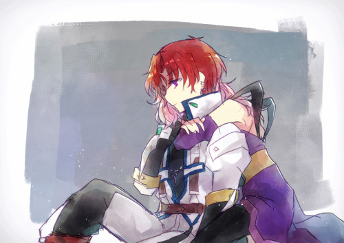 1boy 1girl axel_almer coat gloves hetero hug hug_from_behind lemon_browning long_hair lowres nunuko_(mu661129) pink_hair purple_eyes red_hair simple_background super_robot_wars super_robot_wars_advance super_robot_wars_advance_portable super_robot_wars_original_generation