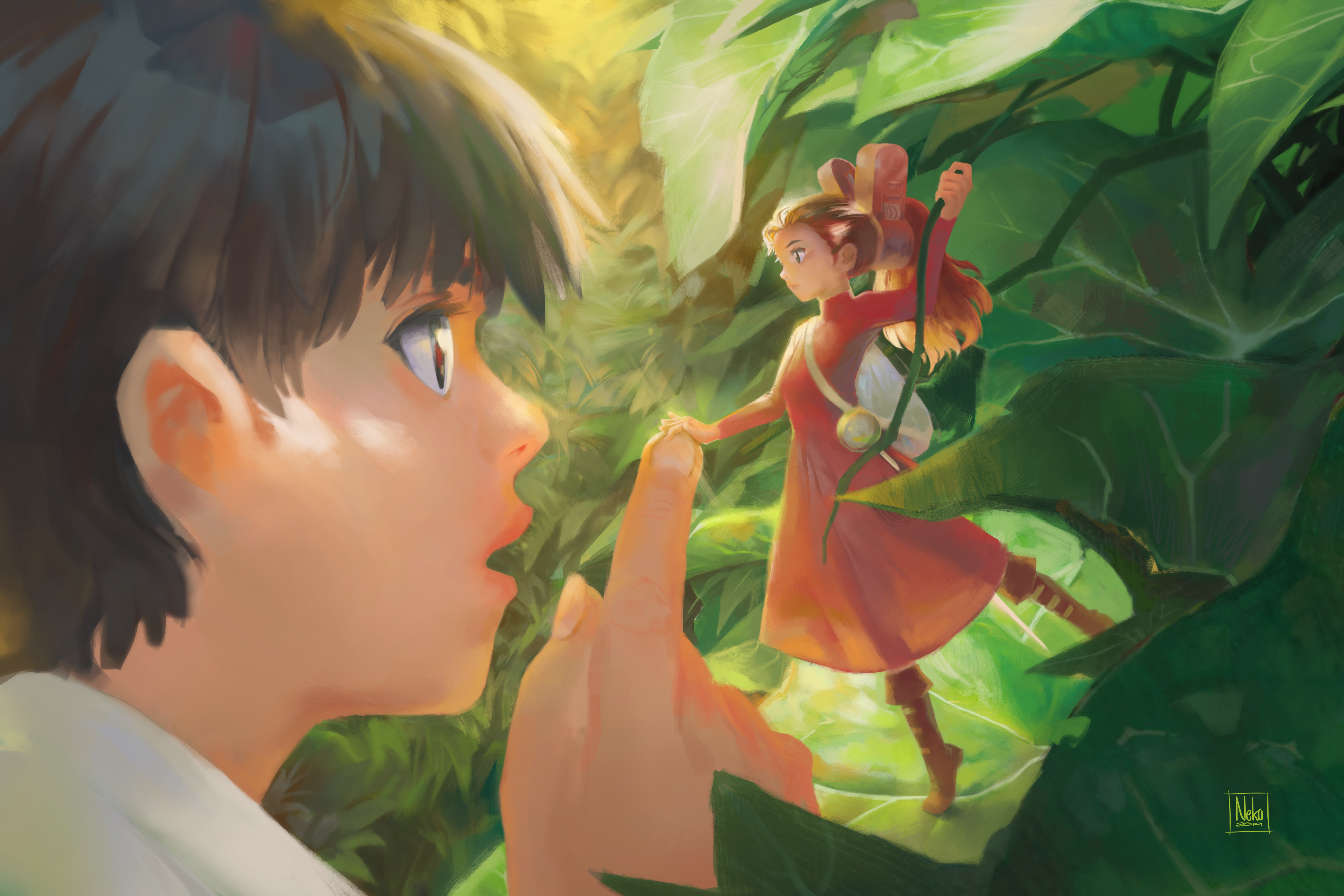 1boy 1girl absurdres arrietty black_hair drawing eye_contact from_side highres huge_filesize karigurashi_no_arrietty long_hair looking_at_another mini_person minigirl nham_nguyen open_mouth painterly painting_(action) plant ponytail red_hair shou_(karigurashi_no_arrietty) vines