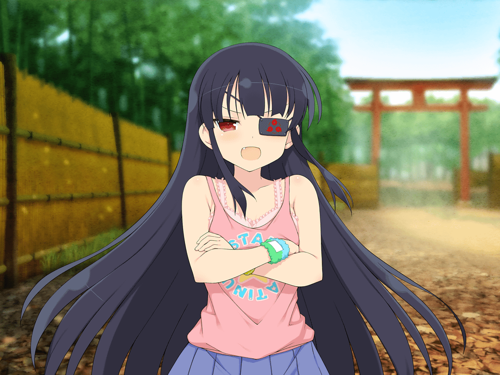 1girl architecture armpit_crease bamboo bamboo_fence bamboo_forest black_hair blue_skirt blue_sky blush bra crossed_arms day east_asian_architecture eyepatch fang fence flat_chest forest frilled_bra frills grass long_hair mirai_(senran_kagura) nature official_art open_mouth outdoors pink_bra pink_tank_top pleated_skirt print_tank_top red_eyes senran_kagura senran_kagura_new_link senran_kagura_shoujo-tachi_no_shin&#039;ei skirt sky solo tank_top tomoe_(symbol) torii underwear wristband yaegashi_nan