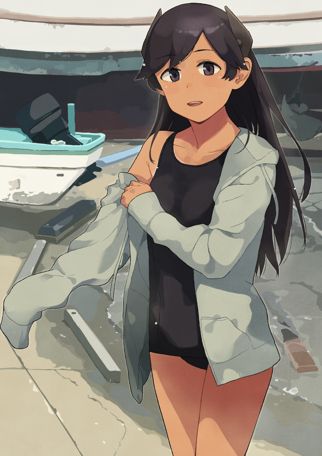 1girl black_eyes black_hair black_one-piece_swimsuit boat commentary_request cowboy_shot flat_chest headgear highres hood hooded_jacket hoodie horned_headgear i-400_(kancolle) jacket kantai_collection long_hair looking_at_viewer makio_(makiomeigenbot) one-piece_swimsuit solo standing swimsuit tan watercraft white_jacket