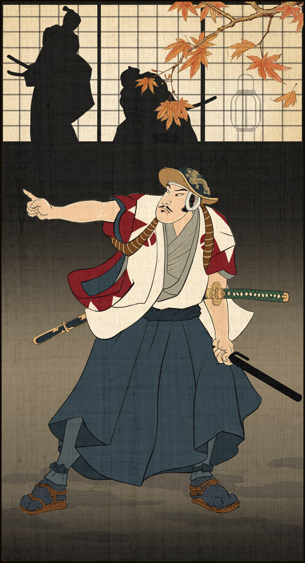 1boy autumn_leaves black_eyes black_hair closed_mouth clothing_request commentary english_commentary facial_hair frown full_body grey_hakama grey_headwear grey_kimono hakama hakama_skirt haori hat holding jacket japanese_clothes katana kimono leaf male_focus metsuke official_art pointing roland_macdonald sheath short_hair silhouette skirt standing sword total_war total_war:_shogun_2 weapon white_jacket