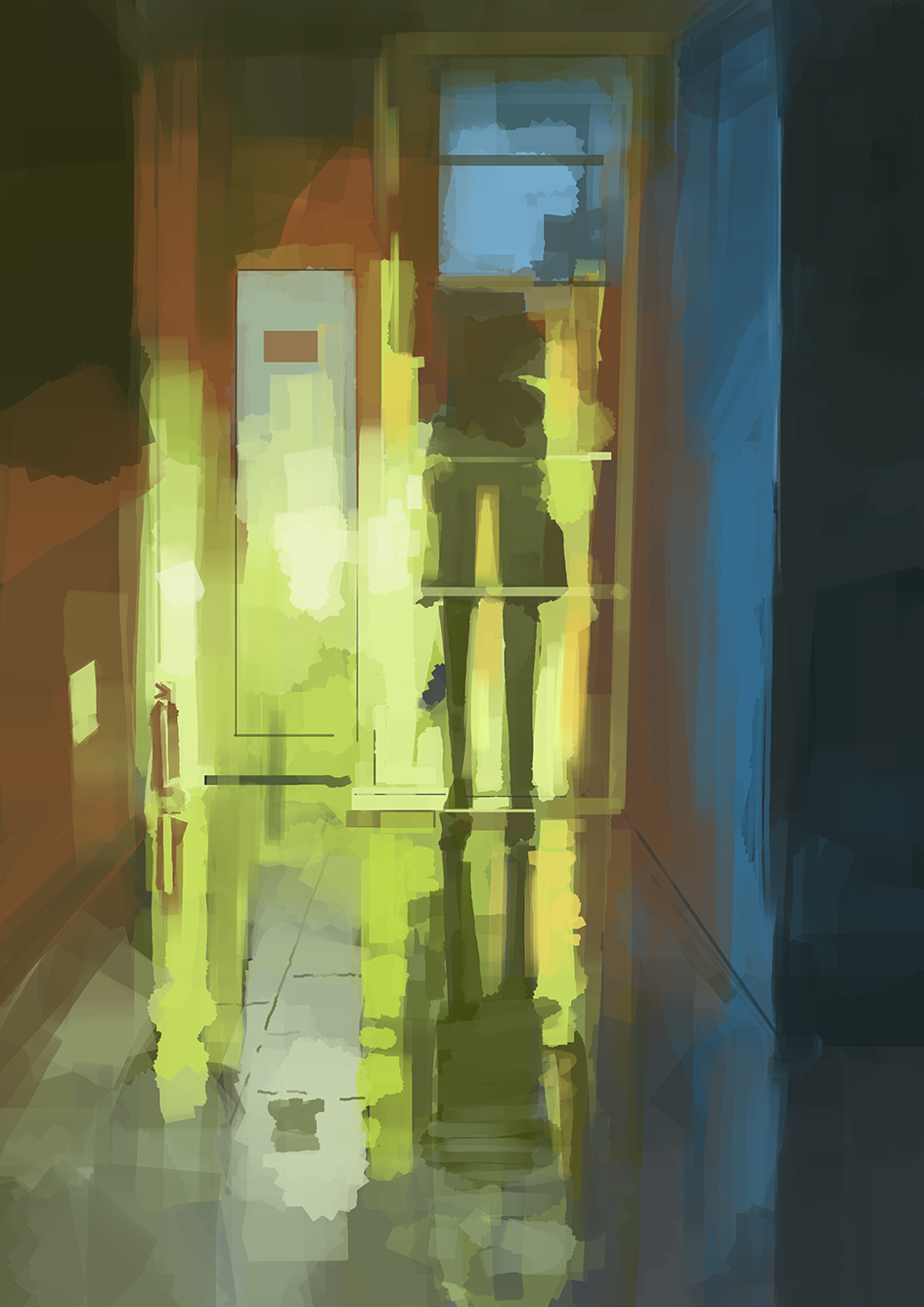 1other dark door hallway highres indoors original painting_(medium) reflective_floor shadow slow_d solo sunlight tile_floor tiles traditional_media