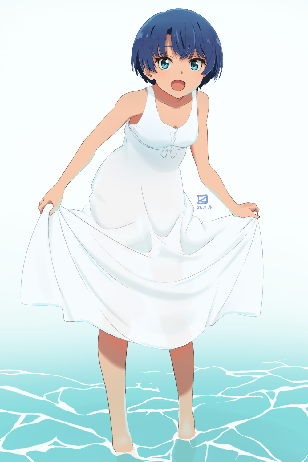 1girl ano_natsu_de_matteru bare_shoulders blue_eyes blue_hair breasts dress highres looking_at_viewer miyahara_takuya open_mouth short_hair skirt_hold small_breasts smile solo tanigawa_kanna wading water white_dress