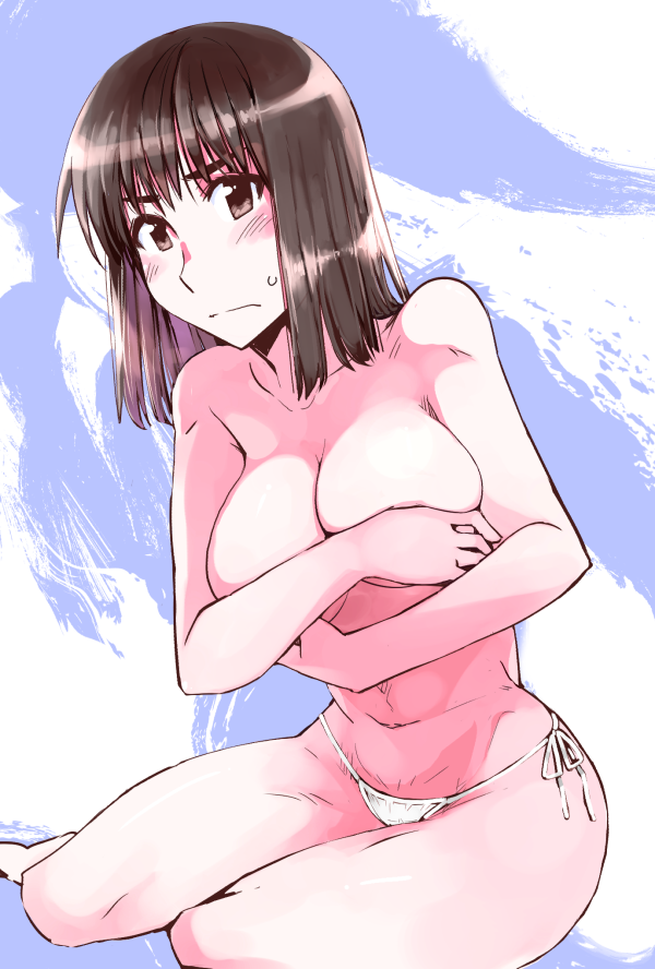 1girl bikini black_hair blush breasts brown_eyes cosaten covering_breasts covering_privates female_focus large_breasts school_rumble short_hair side-tie_bikini_bottom sitting solo suou_mikoto_(school_rumble) swimsuit topless_female white_bikini