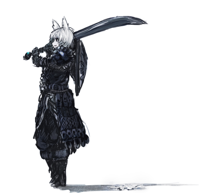 1girl animal_ears armor cosplay dark_souls_(series) dark_souls_i faulds female_focus full_body greatsword inubashiri_momiji nameo_(judgemasterkou) over_shoulder pale_skin shield shiva_of_the_east shiva_of_the_east_(cosplay) short_hair smirk solo sword sword_over_shoulder third-party_edit touhou weapon weapon_over_shoulder white_background white_hair wolf_ears