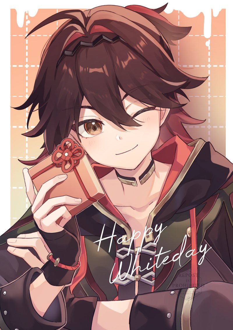 1boy ahoge black_gloves black_jacket box brown_eyes brown_hair closed_mouth fingerless_gloves gaming_(genshin_impact) genshin_impact gift gift_box gloves hair_between_eyes holding holding_gift hood hood_down hooded_jacket jacket looking_at_viewer male_focus one_eye_closed open_clothes open_jacket shirase_(shirose) short_hair smile solo upper_body white_day