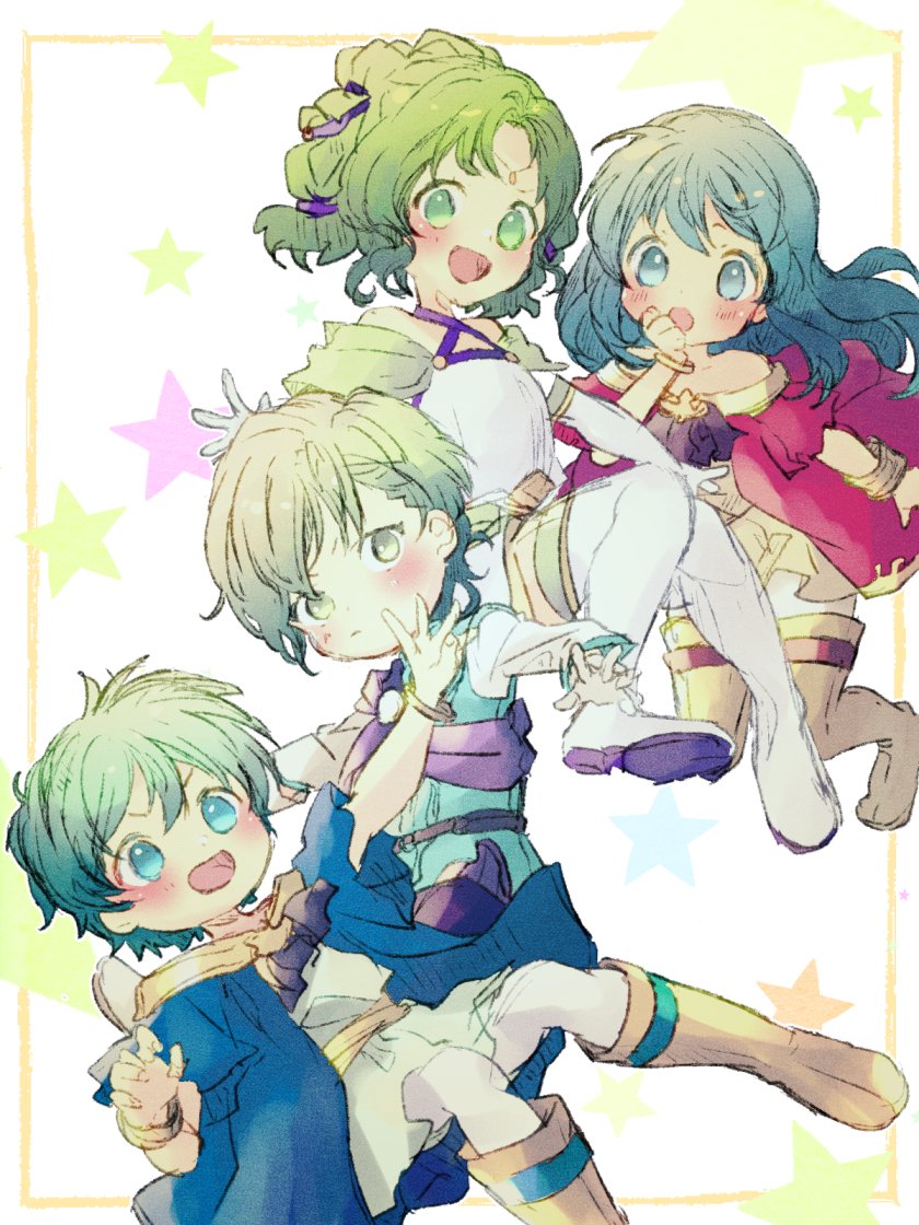 2boys 2girls :d aged_down aqua_eyes aqua_hair brother_and_sister dress eirika_(fire_emblem) eirika_(twin_refulgence)_(fire_emblem) elbow_gloves ephraim_(fire_emblem) ephraim_(twin_refulgence)_(fire_emblem) fire_emblem fire_emblem:_the_sacred_stones fire_emblem_heroes gloves green_eyes green_hair innes_(fire_emblem) innes_(frelian_moonlight)_(fire_emblem) l&#039;arachel_(fire_emblem) l&#039;arachel_(seeker_of_justice)_(fire_emblem) long_hair long_sleeves multiple_boys multiple_girls nintendo nishimura_(shinchinagachi) official_alternate_costume open_mouth short_hair short_sleeves siblings sidelocks smile star_(symbol) twins white_gloves