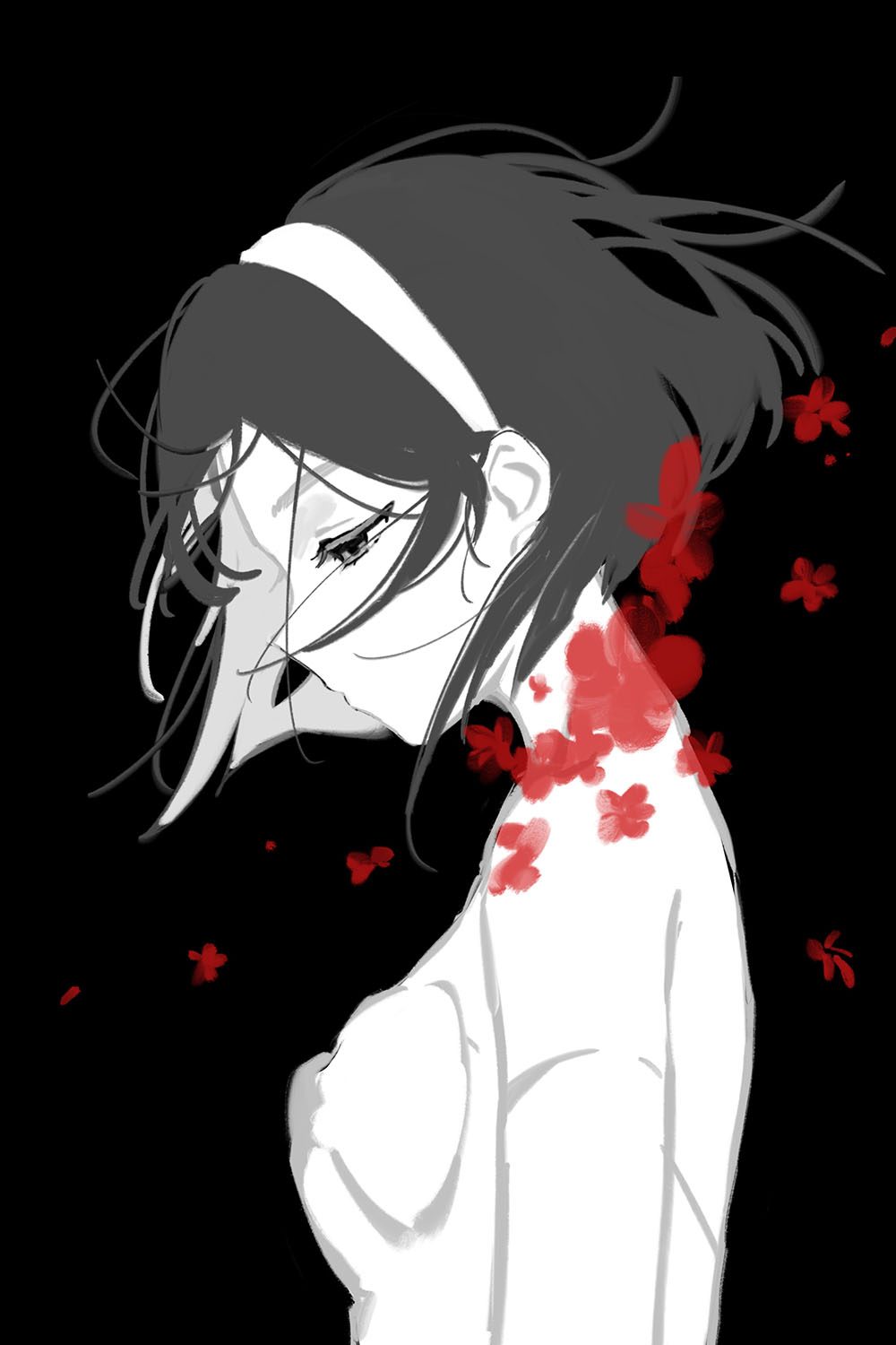 1girl alien_stage bare_shoulders black_background black_hair bob_cut commentary dress elbow_gloves english_commentary floating_hair flower from_side gloves hairband highres looking_down moonie purple_eyes red_flower short_hair simple_background solo sua_(alien_stage) upper_body white_hairband