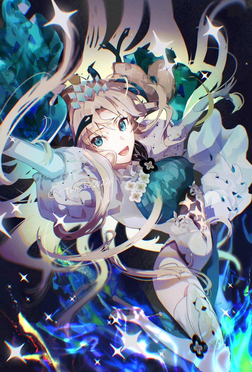 1girl blonde_hair bow breasts curled_horns elbow_gloves ereshkigal_(fate) fate/grand_order fate_(series) frills gloves green_eyes green_pantyhose hair_bow hanako_(onikutabetaiyo) highres horns leotard long_hair long_sleeves looking_at_viewer medium_breasts open_mouth pantyhose parted_bangs single_leg_pantyhose single_thighhigh smile solo space_ereshkigal_(fate) space_ereshkigal_(third_ascension)_(fate) thighhighs thighs two_side_up white_gloves white_leotard white_thighhighs
