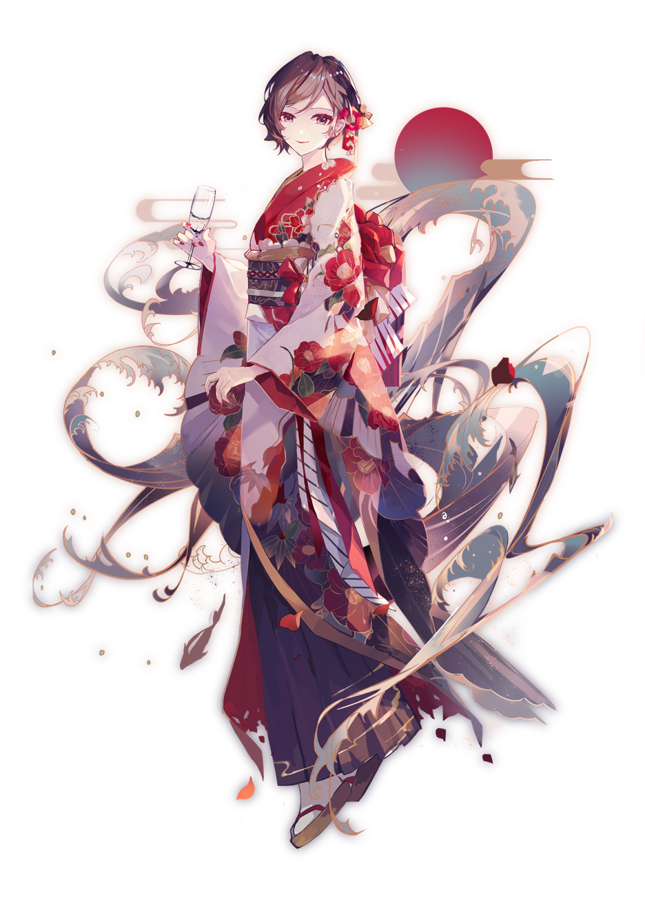 blue_skirt brown_eyes brown_hair cup drinking_glass egasumi floral_print flower from_side full_body gold_trim hair_flower hair_ornament highres holding holding_cup japanese_clothes kimono light_smile lips long_skirt looking_at_viewer looking_to_the_side mamenomoto meiko_(vocaloid) nail_polish obi pleated_skirt red_flower red_nails red_sun sandals sash short_hair skirt solo standing sun vocaloid waves white_background white_kimono wide_sleeves wine_glass zouri