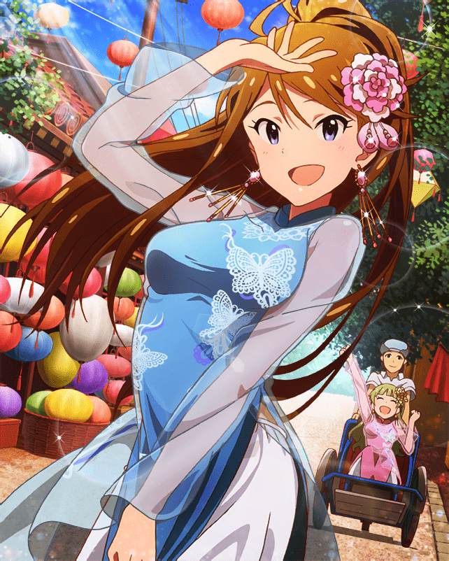 1boy 2girls basket blue_eyes card_(medium) china_dress chinese_clothes closed_eyes cloud dress earrings green_hair hair_ornament hat idolmaster idolmaster_million_live! idolmaster_million_live!_theater_days jewelry leaf multiple_girls official_art open_mouth ponytail see-through_clothes see-through_sleeves shimabara_elena tokoro_megumi wheel