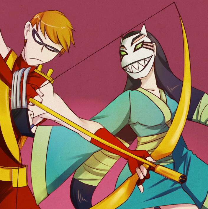 1boy 1girl archer_(fate) arrow_(projectile) assassin black_hair bow_(weapon) cartoon_network cat_mask cheshire couple dc_comics domino_mask fate_(series) gloves gradient_background jade_nguyen kyuura-jii long_hair low-tied_long_hair marksman mask orange_hair poison red_gloves roy_harper speedy teen_titans weapon