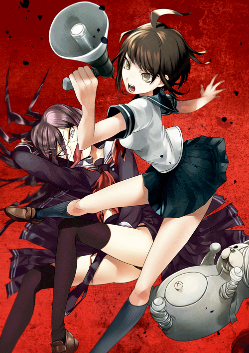 10s bad_id bad_twitter_id black_panties brown_hair danganronpa_(series) danganronpa_another_episode:_ultra_despair_girls fukawa_toko genocider_shou glasses megaphone naegi_komaru panties pantyshot purple_hair school_uniform shirokuma_(danganronpa) skirt thighhighs tongue tongue_out torn_clothes torn_skirt underwear yanyo_(ogino_atsuki)