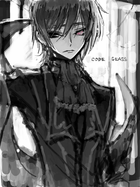 1boy c_(rahit) code_geass geass greyscale lelouch_vi_britannia male_focus monochrome rahit solo zero_(code_geass)