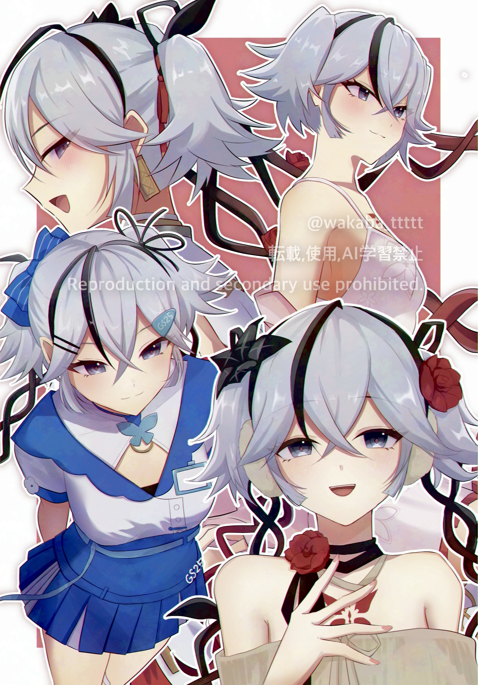 0roshioji3ran 1girl :d bare_shoulders black_eyes black_flower black_ribbon blake_bloom_(wuthering_waves) blue_bow blue_skirt blush border bow breasts camellia camellya_(wuthering_waves) closed_mouth commentary_request earrings flower gold_earrings hair_between_eyes hair_bow hair_flower hair_ornament hair_ribbon hair_vines highres jewelry looking_at_viewer medium_breasts multiple_views off_shoulder official_alternate_costume open_mouth red_background red_pupils ribbon shirt short_hair short_twintails sideways_mouth skirt smile tacet_mark_(wuthering_waves) twintails white_border white_hair white_shirt wuthering_waves
