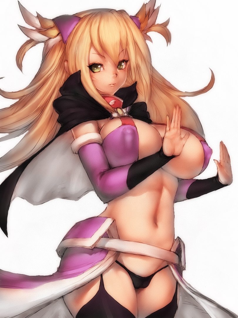 1girl ake_no_hoshi_no_elise battle_spirits belt black_panties black_thighhighs blonde_hair breasts brooch cape cleavage covered_erect_nipples cowboy_shot crop_top detached_sleeves female_focus flipped_hair from_side fumio_(rsqkr) green_eyes groin hair_ornament high_collar jewelry large_breasts long_hair looking_at_viewer lowleg lowleg_panties navel panties saikyou_ginga_ultimate_zero_~battle_spirits~ showgirl_skirt sideboob simple_background sketch smile solo standing thighhighs turtleneck two_side_up underboob underwear white_background