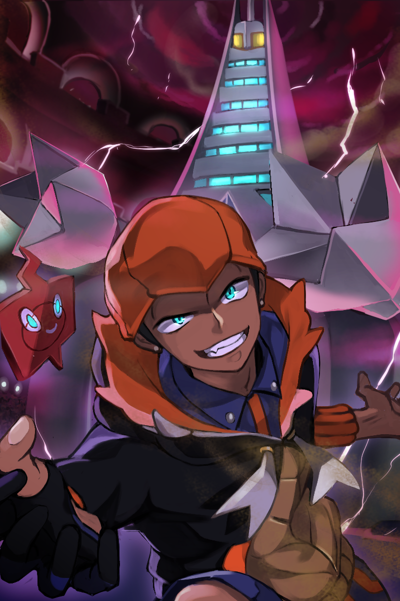 1boy black_hair black_hoodie blue_shirt blue_shorts collared_shirt commentary_request dark-skinned_male dark_skin duraludon earrings gen_4_pokemon gen_8_pokemon gigantamax gigantamax_duraludon gloves green_eyes grin gym_leader half-closed_eyes highres hood hoodie jewelry lightning looking_at_viewer male_focus nintendo orange_headwear partially_fingerless_gloves pokemon pokemon_(creature) pokemon_swsh raihan_(pokemon) rotom rotom_phone shirt shorts single_glove smile teeth yunoru