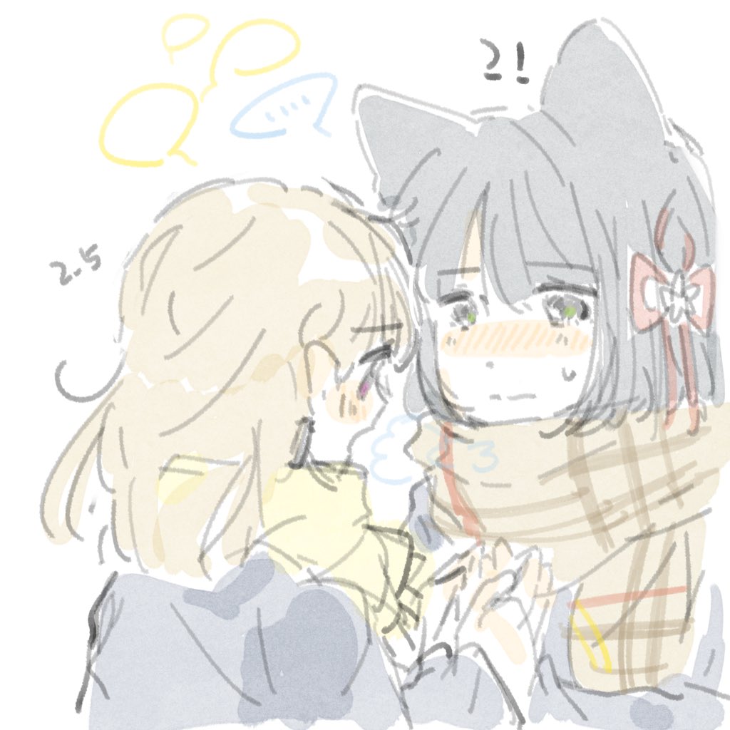 !? ... 2girls animal_ears black_bow black_coat black_hair blank_speech_bubble blunt_bangs blush bob_cut bow braid brown_hair brown_scarf cat_ears closed_mouth coat colored_speech_bubble commentary_request dated embarrassed enpera flower flower_knot green_eyes hair_bow hair_flower hair_ornament kachimachi_kosuzu kemonomimi_mode link!_like!_love_live! long_hair long_sleeves love_live! momose_ginko multiple_girls nose_blush open_mouth pink_eyes plaid_clothes plaid_scarf scarf short_hair side_braids sketch speech_bubble split_mouth spoken_ellipsis sweatdrop virtual_youtuber warming_hands white_background woodonly yellow_scarf