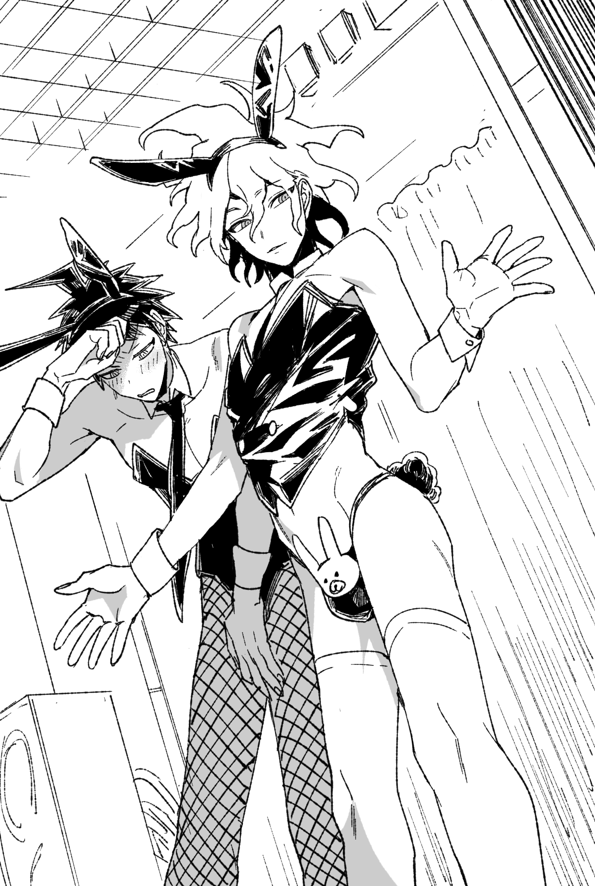2boys animal_ears bare_shoulders collarbone danganronpa_(series) danganronpa_2:_goodbye_despair detached_collar fake_animal_ears fishnet_pantyhose fishnets greyscale highres hinata_hajime komaeda_nagito leotard male_playboy_bunny messy_hair monochrome multiple_boys necktie panties pantyhose rabbit_ears rabbit_tail tail thighhighs underwear uurin wrist_cuffs